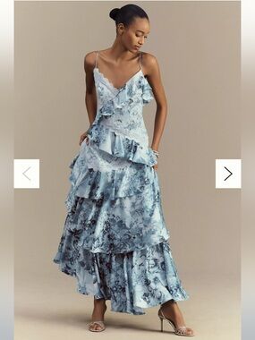 bhldn sophia square neck satin maxi dress BHLDN Sophia Square-Neck Satin Maxi Dress Sz L Dusty Blue Smocked Black
